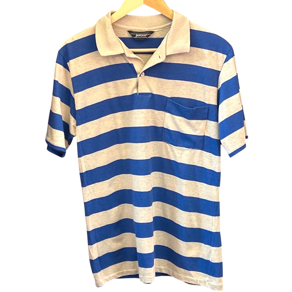90s Jantzen Polo Shirt Nautical Coastal Preppy Striped Blue Beige Mens Large
